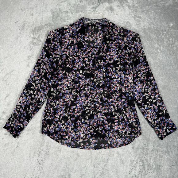 Express Shirt Womens Small Black Blue Floral Portofino Versatile Office Casual - Picture 2 of 7